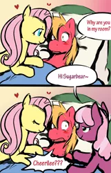 Size: 560x867 | Tagged: safe, artist:ende26, color edit, derpibooru import, edit, big macintosh, cheerilee, fluttershy, earth pony, pegasus, pony, bed, bedroom eyes, blushing, cheerimac, colored, comic, cropped, dialogue, female, floating heart, fluttermac, heart, image, male, mare, png, shipping, stallion, straight, surprised, sweat