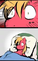 Size: 560x891 | Tagged: safe, artist:ende26, color edit, derpibooru import, edit, big macintosh, earth pony, pony, ..., all just a dream, bed, colored, cropped, image, male, png, shocked, solo, stallion, sweat