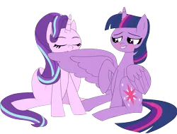 Size: 1971x1500 | Tagged: safe, artist:malleymall, derpibooru import, starlight glimmer, twilight sparkle, twilight sparkle (alicorn), alicorn, pony, unicorn, april fools 2021, biting, blushing, derpibooru exclusive, duo, eyebrows visible through hair, eyelashes, eyes closed, female, grooming, image, lesbian, lip bite, mare, nom, png, preening, raised hoof, shipping, simple background, sitting, teeth, transparent background, twistarlight, wing bite, wings