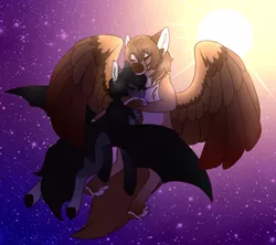 Size: 1800x1600 | Tagged: safe, artist:nobleclay, derpibooru import, ponified, bat pony, pegasus, pony, flying, goro akechi, hug, image, png, ren amamiya