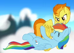 Size: 1485x1080 | Tagged: safe, artist:djdavid98, derpibooru import, rainbow dash, spitfire, pegasus, pony, angry, cloud, derpibooru exclusive, duo, duo female, feather, female, grooming, hooves, image, lying down, on back, png, preening, standing, tail, wings