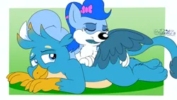 Size: 3840x2160 | Tagged: safe, artist:rupertbluefox, derpibooru import, gallus, oc, oc:chasityvixen, fox, gryphon, bedroom eyes, cute, eyes closed, feather, female, gallabetes, grooming, image, lying down, male, png, preening, prone, purring, smiling, straight, vixen