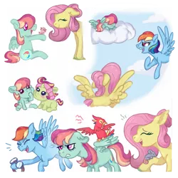 Size: 900x900 | Tagged: safe, artist:computerstickman, derpibooru import, fluttershy, rainbow dash, oc, oc:bitta luck, oc:feathermay, bird, mouse, pony, baby, baby pony, cloud, family, female, flutterdash, goggles, image, lesbian, magical lesbian spawn, offspring, on a cloud, parent:applejack, parent:fluttershy, parent:rainbow dash, parent:rarity, parents:flutterdash, parents:rarijack, png, shipping, sitting, sitting on cloud