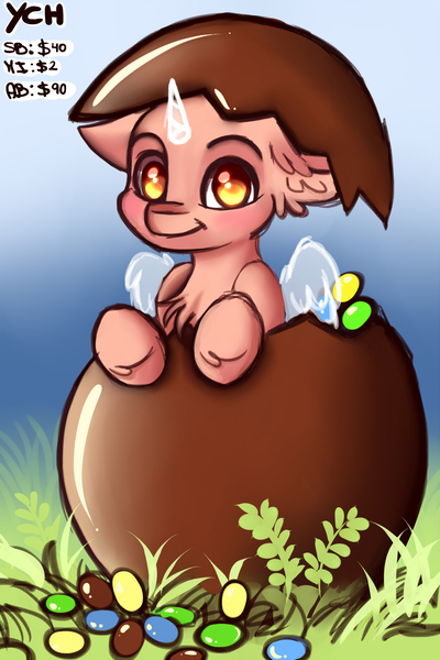 Size: 1200x1800 | Tagged: safe, artist:zobaloba, derpibooru import, alicorn, earth pony, pegasus, pony, unicorn, any gender, any species, auction, chocolate, chocolate egg, commission, egg, food, grass, happy easter, image, jpeg, solo, your character here