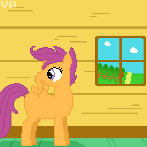 Size: 512x512 | Tagged: safe, artist:valuable ashes, derpibooru import, scootaloo, pegasus, pony, cloud, clubhouse, grooming, image, pixel art, png, preening, solo, story included, tree, watermark