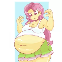 Size: 1280x1280 | Tagged: suggestive, artist:lun4ch4n, derpibooru import, fluttershy, human, equestria girls, bbw, belly, belly button, big belly, breasts, clothes, fat, fat boobs, fattershy, female, image, jpeg, large belly, shirt, solo, solo female