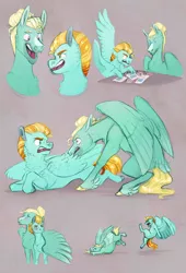 Size: 2021x2967 | Tagged: safe, artist:vindhov, banned from derpibooru, deleted from derpibooru, derpibooru import, lightning dust, zephyr breeze, pegasus, pony, angry, blaze (coat marking), blushing, confused, crack shipping, duo, feathered fetlocks, female, grooming, hug, image, jpeg, kicking, male, preening, shipping, simple background, smiling, straight, winghug, zephyrdust