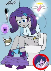 Size: 523x730 | Tagged: artist needed, suggestive, derpibooru import, rarity, twilight sparkle, human, equestria girls, black zalgo pagie, but why, clothes, cum, glory hole, image, laxative, panties, panties pulled down, png, potty time, prank, smiling, toilet, toilet paper, underwear, watching you clop