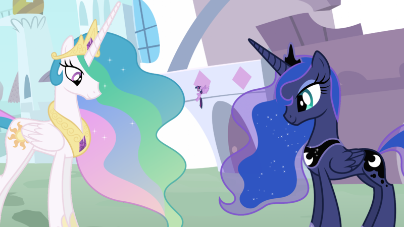 Size: 1920x1080 | Tagged: safe, derpibooru import, princess celestia, princess luna, twilight sparkle, twilight sparkle (alicorn), alicorn, pony, crown, female, image, jewelry, mare, micro, png, regalia, size difference