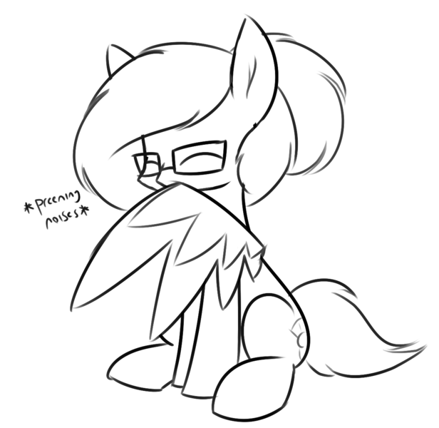 Size: 1197x1165 | Tagged: safe, artist:moonatik, derpibooru import, oc, oc:moonatik, unofficial characters only, pegasus, cute, derpibooru exclusive, glasses, grooming, hair bun, image, png, preening, sitting, sketch, solo