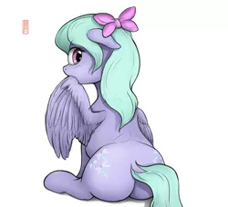 Size: 3782x3446 | Tagged: safe, artist:celsian, derpibooru import, flitter, pegasus, pony, both cutie marks, bow, doodle, female, grooming, image, looking at you, looking back, mare, png, preening, rear view, signature, sitting, solo