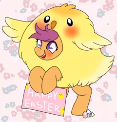 Size: 606x630 | Tagged: safe, artist:therainbowtroll, derpibooru import, scootaloo, bird, chicken, pegasus, pony, animal costume, blushing, chicken suit, clothes, costume, cute, cutealoo, easter, easter egg, egg, holiday, image, png, sign, silly, silly pony