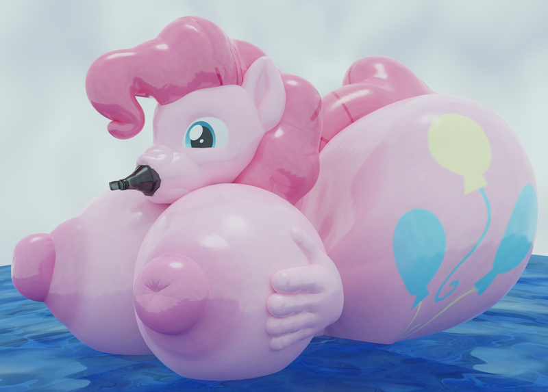 Size: 1505x1078 | Tagged: questionable, artist:aurora9285, derpibooru import, pinkie pie, earth pony, 3d, air nozzle, big breasts, breasts, busty pinkie pie, floating, high res, huge breasts, image, impossibly large breasts, inanimate tf, inflatable, inflatable toy, nipples, nudity, png, pool toy, transformation