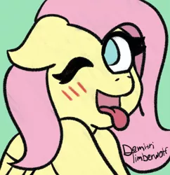 Size: 2900x3000 | Tagged: safe, artist:demitri, derpibooru import, fluttershy, pegasus, pony, ;p, blushing, bust, cute, floppy ears, image, jpeg, one eye closed, open mouth, portrait, shyabetes, signature, simple background, smiling, solo, tongue out, wink