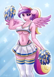 Size: 2480x3508 | Tagged: suggestive, artist:dandy, derpibooru import, princess cadance, alicorn, anthro, adorasexy, alternate hairstyle, belly button, breasts, busty princess cadance, cheerleader, clothes, cute, female, horn, image, looking at you, png, pom pom, ponytail, sexy, simple background, skirt, socks, solo, solo female, stockings, thigh highs, tongue out, underboob, wings