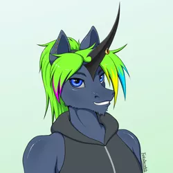 Size: 1280x1280 | Tagged: safe, artist:funkybacon, derpibooru import, oc, oc:bucky, anthro, unicorn, clothes, ear piercing, image, jpeg, male, piercing, smiling, solo