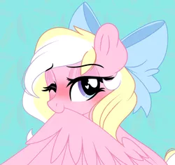 Size: 3493x3284 | Tagged: safe, artist:emberslament, derpibooru import, oc, oc:bay breeze, pegasus, pony, blushing, bow, female, grooming, image, mare, one eye closed, png, preenhub, preening, wink