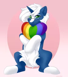 Size: 1706x1943 | Tagged: safe, artist:xommasun, derpibooru import, oc, oc:passi deeper, unofficial characters only, pony, unicorn, abstract background, femboy, glasses, gradient background, green eyes, heart, horn, hug, image, looking at you, male, pillow, png, rainbow, shy, sitting, smiling, socks (coat marking), solo, stallion, unicorn oc