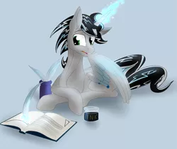 Size: 2395x2020 | Tagged: safe, artist:sixes&sevens, derpibooru import, oc, oc:prince mentiad, unofficial characters only, alicorn, alicorn oc, book, crossed hooves, grooming, horn, image, lying down, magic, male, multitasking, png, preening, quill, simple background, solo, wings, writing