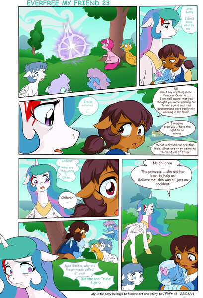 Size: 5725x8402 | Tagged: safe, artist:jeremy3, derpibooru import, princess celestia, trixie, oc, oc:becky, alicorn, earth pony, pegasus, pony, unicorn, comic:everfree, comic:everfree my friend, blood, colt, comic, eyes closed, female, filly, filly trixie, floppy ears, hoof shoes, image, jewelry, jpeg, magic, male, regalia, speech bubble, teleportation, younger