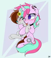 Size: 2800x3200 | Tagged: safe, artist:starmaster, derpibooru import, oc, oc:becca, oc:gadassi dash, pegasus, pony, unicorn, blushing, cute, grooming, hug, image, png, preening, tongue out