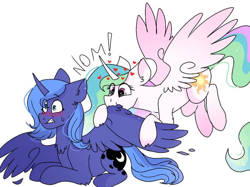 Size: 1024x768 | Tagged: safe, artist:valkiria, derpibooru import, princess celestia, princess luna, alicorn, pony, blushing, cute, cutelestia, duo, duo female, female, grooming, heart, horn, image, lunabetes, nom, png, preening, simple background, white background, wings