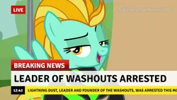 Size: 1280x720 | Tagged: safe, derpibooru import, edit, edited screencap, screencap, lightning dust, pegasus, pony, the washouts (episode), arrested, break your own news, breaking news, caption, clothes, funny, image, image macro, meme, open mouth, png, raised eyebrow, smiling, smirk, solo, text, the washouts, uniform, washouts uniform, wings
