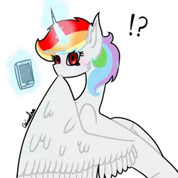 Size: 1000x1000 | Tagged: safe, artist:rainbow dash is best pony, derpibooru import, oc, oc:rainbowrio, unofficial characters only, alicorn, pony, alicorn oc, blushing, discord app, exclamation point, grooming, horn, image, interrobang, looking at you, magic, phone, png, preening, question mark, simple background, solo, surprised, transparent background, wings