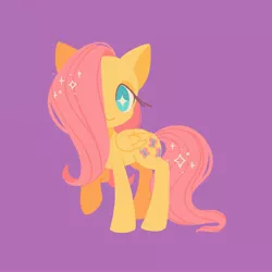 Size: 2048x2048 | Tagged: safe, artist:daisycorpse, derpibooru import, fluttershy, pegasus, pony, cute, female, folded wings, hair over one eye, head turned, high res, image, jpeg, looking at you, no pupils, purple background, raised hoof, shyabetes, simple background, smiling, solo, sparkling mane, standing, starry eyes, three quarter view, wingding eyes, wings
