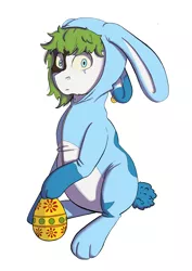 Size: 2480x3508 | Tagged: safe, artist:ardilya, derpibooru import, oc, earth pony, pony, animal costume, bunny costume, chubby, clothes, commission, costume, digital art, easter, easter bunny, easter egg, holiday, image, jpeg, looking at you, solo, ych result, your character here
