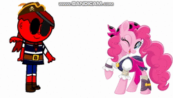 Size: 776x440 | Tagged: safe, derpibooru import, pinkie pie, earth pony, human, pony, animated, bandicam, belt, eyepatch, hat, image, implied twilight sparkle, one eye closed, pegasus human, pegasus wings, piracy, pirate, pirate costume, pirate hat, voice acting, webm, wings, wink, zalgo pagie