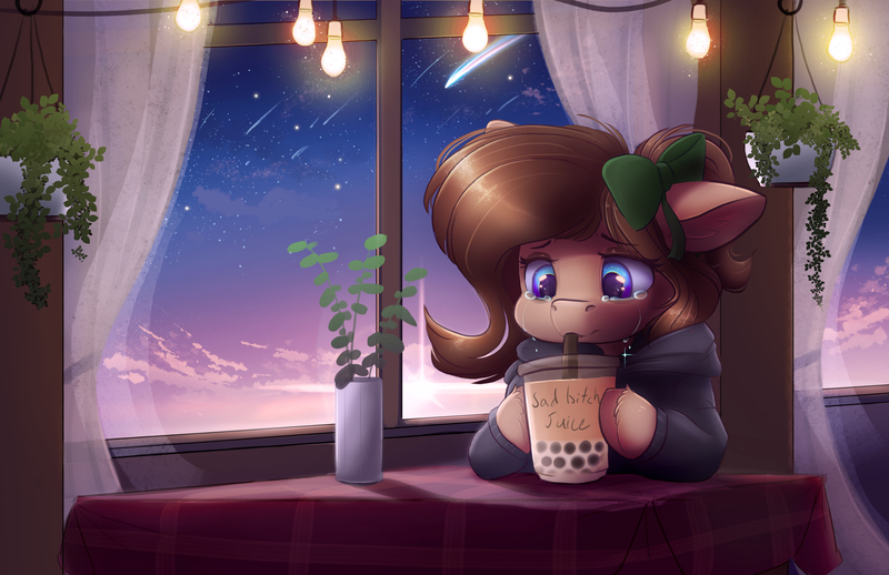 Size: 4250x2750 | Tagged: safe, artist:ardail, derpibooru import, edit, oc, oc:mocha latte, unofficial characters only, pony, boba tea, bow, cafe, clothes, cloths, hoodie, image, jpeg, plants, sad