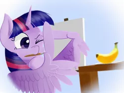 Size: 1979x1484 | Tagged: safe, artist:pitybug, derpibooru import, twilight sparkle, twilight sparkle (alicorn), alicorn, pony, banana, bust, canvas, drawing, easel, feather fingers, female, food, image, jpeg, looking at something, mare, measuring, mouth hold, one eye closed, paintbrush, solo, table, three quarter view, wing hands, wings