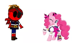 Size: 2262x1365 | Tagged: safe, derpibooru import, pinkie pie, earth pony, human, pony, belt, eyepatch, hat, image, one eye closed, pegasus human, pegasus wings, pirate, pirate costume, pirate hat, png, simple background, smiling, wings, wink, zalgo pagie