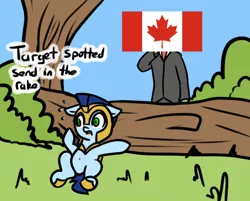 Size: 806x648 | Tagged: safe, artist:neuro, edit, oc, oc:anon, unofficial characters only, human, pony, armor, belly button, canada, canadian flag, chin scratch, dialogue, female, green eyes, guardsmare, helmet, hiding, hoof shoes, image, log, mare, open mouth, png, radio, royal guard, tree