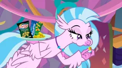 Size: 1890x1062 | Tagged: safe, derpibooru import, edit, edited screencap, screencap, silverstream, hippogriff, she's all yak, argentina, bedroom eyes, cheese, cheese puffs, chips, corn, female, flying, food, image, meme, png, snack, solo, wings