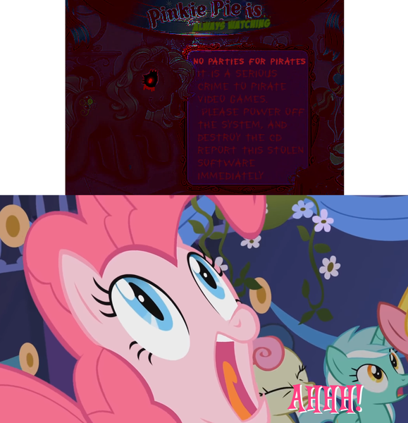 Size: 1257x1303 | Tagged: safe, derpibooru import, bon bon, lyra heartstrings, pinkie pie, sweetie drops, earth pony, pony, friendship is magic, blood, crying, g3, game, image, looking at you, pinkie pie's party parade, piracy, png, reaction image, screaming, shocked, shocked expression, smiling, tears of blood, zalgo, zalgo pie