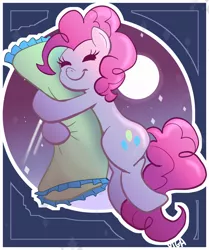 Size: 3808x4552 | Tagged: safe, artist:vigasartroom, derpibooru import, pinkie pie, earth pony, pony, body pillow, cute, diapinkes, eyes closed, female, full moon, high res, hug, image, jpeg, mare, moon, pillow, pillow hug, sleeping, smiling, solo