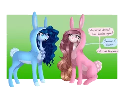 Size: 2432x1823 | Tagged: safe, artist:naezithania, derpibooru import, oc, oc:paradise, oc:saphira, unofficial characters only, pegasus, pony, animal costume, bunny costume, clothes, costume, female, image, mare, png