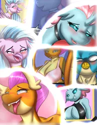 Size: 1750x2250 | Tagged: suggestive, artist:derpx1, derpibooru import, gallus, ocellus, silverstream, smolder, anthro, fanfic, bra, breasts, clothes, exhibitionism, fanfic art, fanfic cover, image, open mouth, png, public use, tongue out, underwear