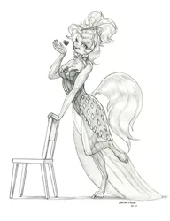 Size: 1000x1303 | Tagged: safe, artist:baron engel, derpibooru import, applejack, anthro, earth pony, unguligrade anthro, applejewel, blowing a kiss, breasts, busty applejack, chair, cleavage, clothes, dress, heart, image, jpeg, looking at you, raised leg