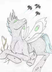 Size: 2072x2894 | Tagged: safe, artist:cindertale, derpibooru import, oc, unofficial characters only, changeling, pegasus, changeling oc, flying, image, jpeg, looking up, pegasus oc, traditional art, wings