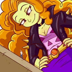Size: 3000x3000 | Tagged: safe, artist:titantigress, derpibooru import, adagio dazzle, human, equestria girls, breasts, cleavage, clothes, duo, female, giantess, hands on hip, high res, image, jacket, lidded eyes, macro, male, micro, png, size difference, smiling, spikes