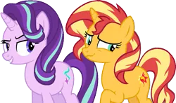 Size: 1247x731 | Tagged: safe, artist:sirrainium, derpibooru import, starlight glimmer, sunset shimmer, pony, unicorn, base used, female, image, lesbian, mare, png, shimmerglimmer, shipping, simple background, transparent background, vector