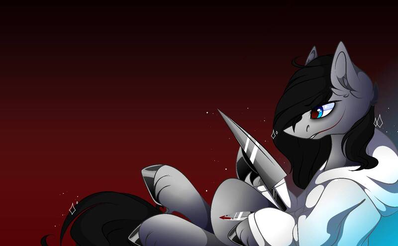 Size: 1754x1083 | Tagged: safe, artist:tessa_key_, derpibooru import, ponified, earth pony, pony, clothes, ear fluff, gradient background, hoodie, hoof polish, image, jeff the killer, jpeg, knife, male, meme, smiling, solo, stallion