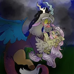 Size: 540x540 | Tagged: safe, artist:cocolove2176, derpibooru import, discord, fluttershy, draconequus, pegasus, pony, blushing, crying, discoshy, female, holding a pony, image, injured, jpeg, male, mare, outdoors, sad, shipping, smiling, straight