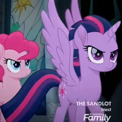 Size: 266x266 | Tagged: safe, derpibooru import, screencap, pinkie pie, twilight sparkle, twilight sparkle (alicorn), alicorn, earth pony, pony, my little pony: the movie, awesome face, cropped, determined, discovery family logo, female, image, mare, png, the sandlot