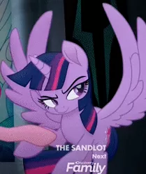 Size: 222x266 | Tagged: safe, derpibooru import, screencap, pinkie pie, twilight sparkle, twilight sparkle (alicorn), alicorn, earth pony, pony, my little pony: the movie, awesome face, cropped, determined, discovery family logo, female, image, looking back, mare, png, the sandlot