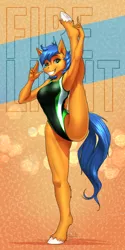Size: 3000x6000 | Tagged: suggestive, artist:mykegreywolf, derpibooru import, oc, oc:fire light, unofficial characters only, anthro, unguligrade anthro, abstract background, absurd resolution, armpits, breasts, clothes, eyebrows, eyelashes, female, fit, freckles, high-cut clothing, image, looking at you, one-piece swimsuit, png, smiling, smiling at you, solo, solo female, splits, sports swimsuit, standing, standing split, standing splits, swimsuit, teeth, toned, toned female