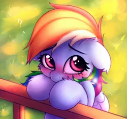 Size: 2048x1907 | Tagged: safe, artist:heavymetalbronyyeah, derpibooru import, rainbow dash, pegasus, pony, bipedal, bipedal leaning, blushing, cheek fluff, cute, dashabetes, ear fluff, floppy ears, hoof fluff, image, jpeg, leaning, looking at you, looking up, question mark, sad, sadorable, shoulder fluff, solo, teary eyes, wing fluff